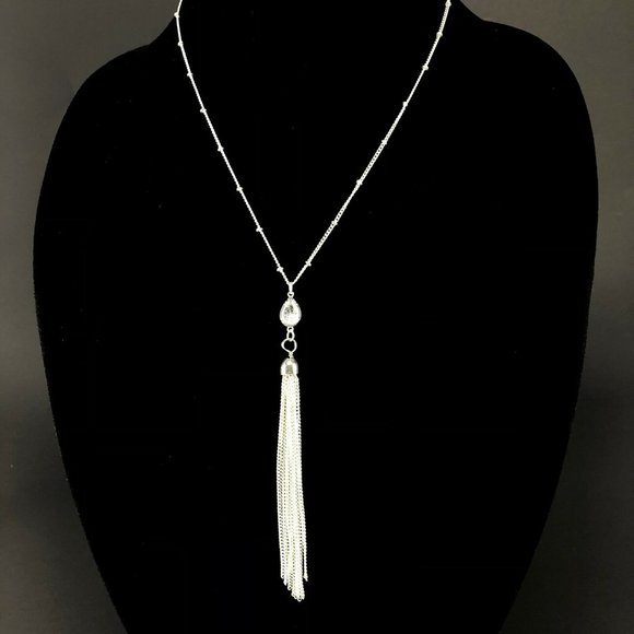 LC Lauren Conrad Silver Tone Long Necklace Teardrop Crystal Pendant with Tassel